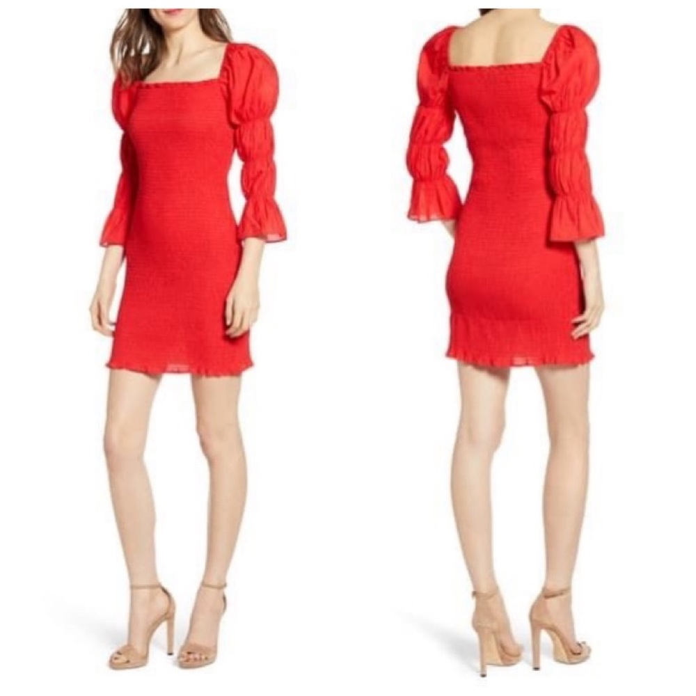 J.O.A. Red Smock Puff Sleeve Bodycon Mini Dress